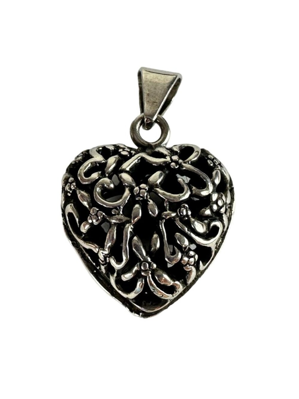 Sterling Silver Bow Ribbon Filigree Heart Pendant - Picture 2 of 6